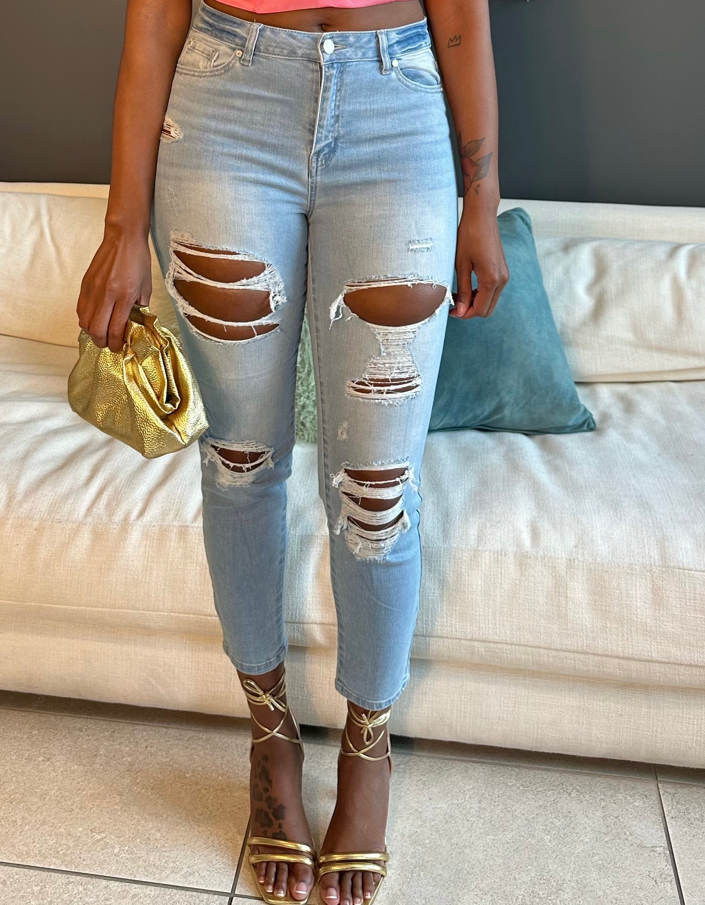 Distressed high rise skinny jeans